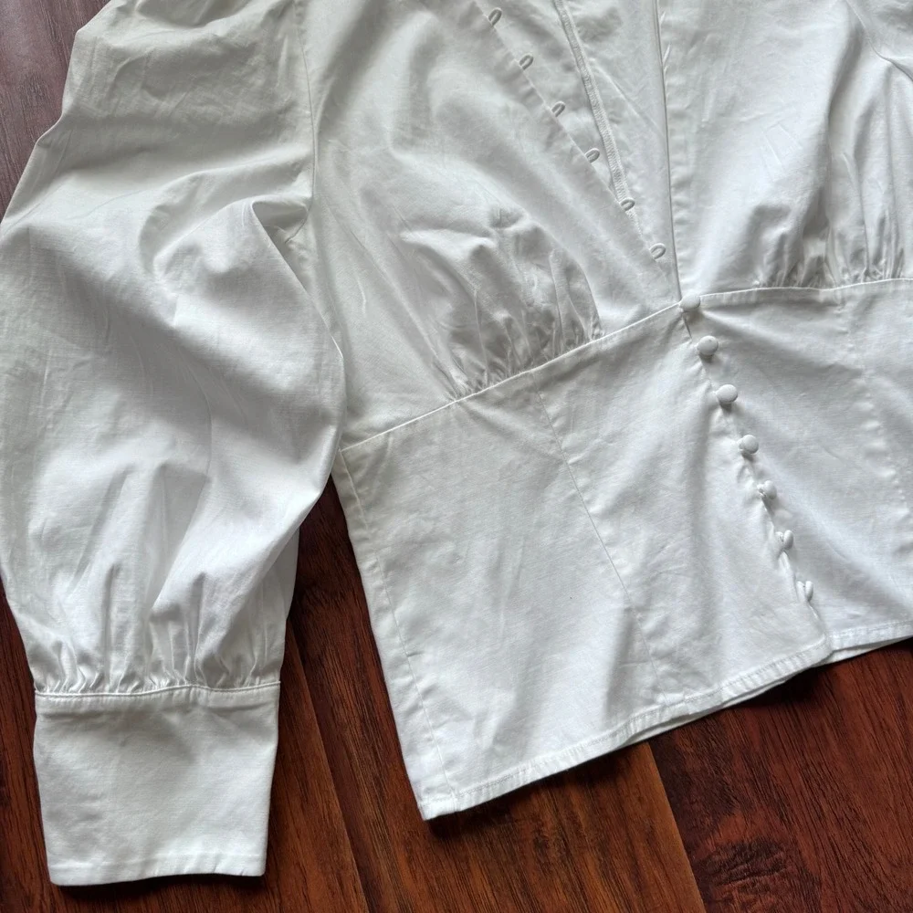 Reformation White V-Neck Puff Sleeve Button Front Top Blouse Sz 12 Cottagecore
